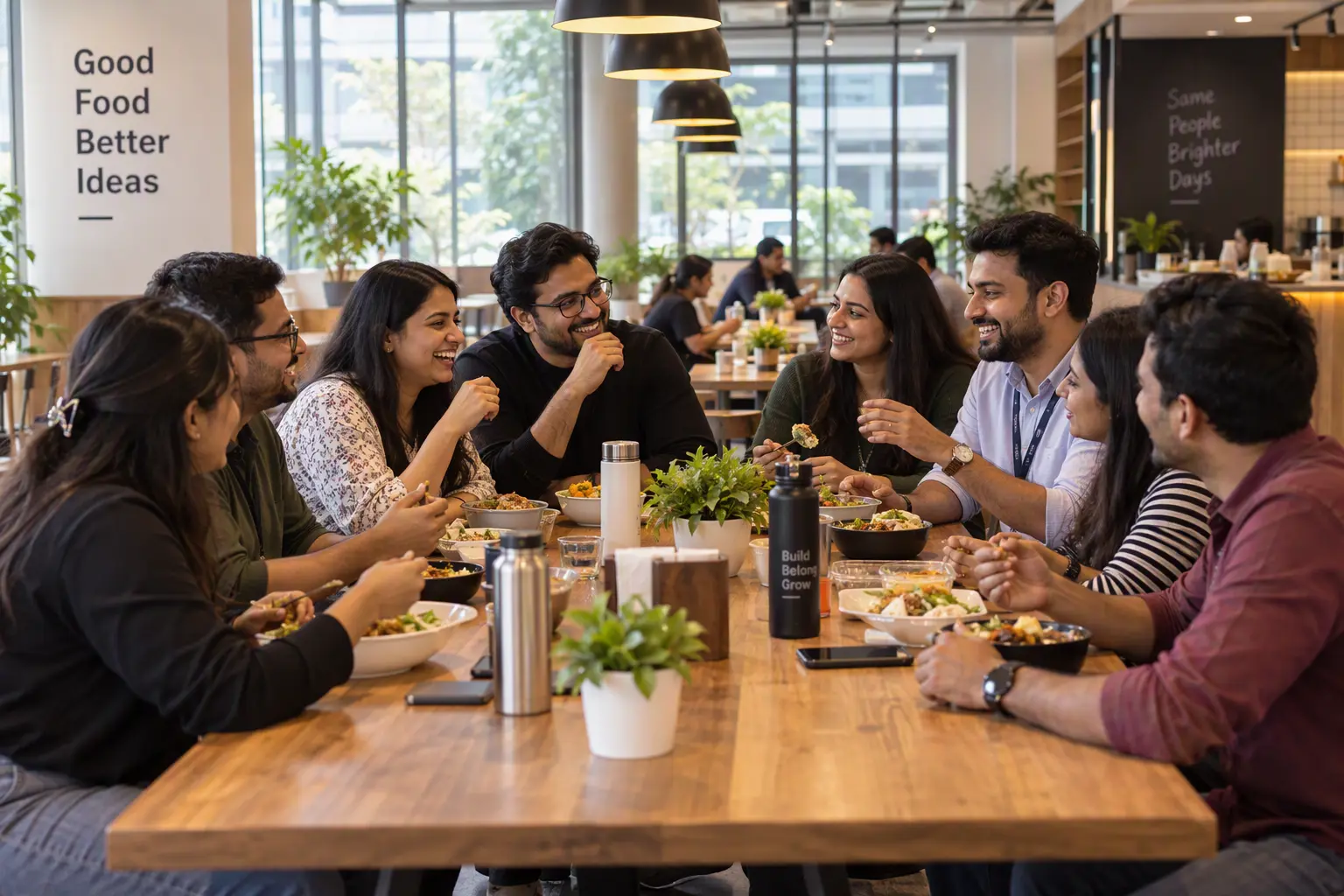 A startup team gathered around a table during an all-hands meeting.